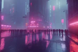 3D, beautiful, light reflecting, empty future city skyline at night, rainy night, neon, cyberpunk, tron, one cyborg walking, 8k, finely detailed, photo realistic