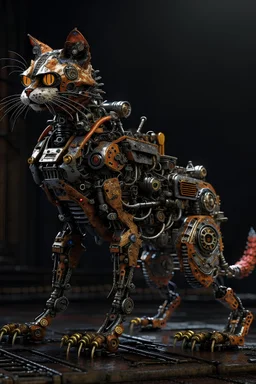A full length cyber cat mixed with a rusted robot, carrying a weapon,8k ultra detail, baroque painting by AI