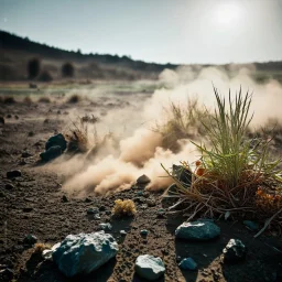 A striking quality Kodak photograph captures a wasteland with liquid and a group of plants, Amano, Audubon, creepy, details of the dust abd liquids very accentuated, glossy organic mass, adorned with minerals and rocks. Bathed in intense light, eerie, Max Ernst style, white sun, fog