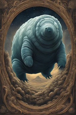 I must weave this creature into the tapestry of my narrative, making it both terrifying and intriguing, all while maintaining the style that sets me apart. The giant tardigrade glides through the starship's corridors, its microscopic origins magnified a thousandfold. Its segmented body glistens with an otherworldly sheen, its many legs propelling it forward with an eerie grace. Despite its size, it moves with a nimbleness that defies logic, slinking through the passageways like a predator in pur