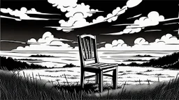 broken wooden chair, anime, monochrome, black background, ink, simple, maximum quality, broken hinge, barely functioning, centered on frame, far view, in the middle of a grassy hill, white sky with cumulonimbus