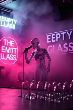 An "empty sad man" performing at dance club, his name is "Körven" Very sad looking and body and head is made of glass, empty glasses on stage, Neon lights and smog, "THE EMPTY GLASS" sign on the wall