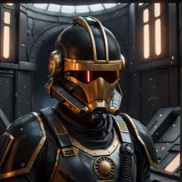 star wars bald male corellian pilot wearing pearlescent black and gunmetal grey First Order special forces heavy assault stealth commando armor and helmet with gold trim inside the jedi temple, hyperdetailed, dynamic lighting, hyperdetailed background, 8k resolution, volumetric lighting, light skin, fully symmetric details