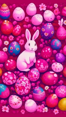 A purplish magenta Easter themed plain with eggs and bunnies painted by Qiu Ying