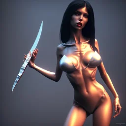 full body portrait of woman in the style of Gustavo Torres, vampirella, 3d sculpted, unreal engine render, mdjrny-v4 style, highest quality render, cinema 4d, zbrush, flowing hair, perfect face, holding bloody knife, fighting stance, wearing torn bikini and military boots with perfect legs, a beautiful digital painting of futuristic cyberpunk city lighting,