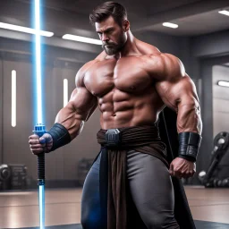 over muscular jedi with gigantic biceps with veins in the training room alone with his lightsaber down