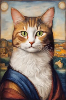 /imagine prompt: paint cat into a unique masterpiece in the likeness of the Mona Lisa featuring her enigmatic smile on the cat by artist Leonardo DaVinci. The cat is to look like the Mona Lisa in this interpretation. Utilise crayons as the medium, capture the essence of DaVinci's iconic style.