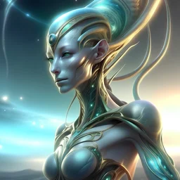 gorgeous female humanoid alien, slender muscular warrior, looking over shoulder at the sky, tentacles, coper zinc orichalcum jewelry and piercings, beautiful face, mesmerizing starry eyes, smooth translucent skin, hourglass, size DD.