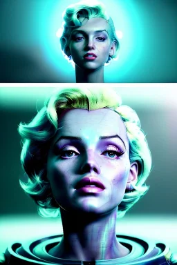 Ultra Realistic sci-fi scene, portrait, blonde woman, sweet Marylin Monroe face, perfect iris, glow eyes, makeup. Aliens background, Retro sci-fi style, helmet, tight latex coat, fog, rain, soft color, highly detailed, unreal engine 5, ray tracing, RTX, lumen lighting, ultra detail, volumetric lighting, 3d, finely drawn, high definition, high resolution.