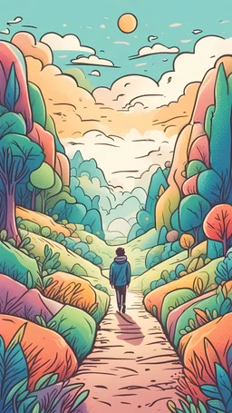 A happy and optimistic person walks in a land like paradise, and he is optimistic, a metaphor for joy hand-drawn colorful illustration style