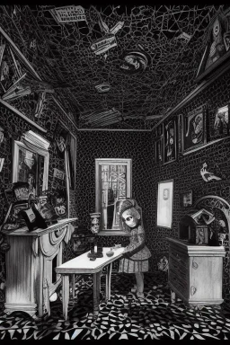 Wednesday Adams in 3d scary dark room Escher style