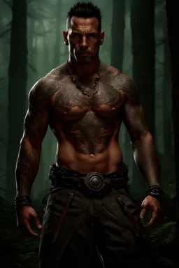 Jason David Frank Very muscular man with short hair and tribal tattoos piercings in forest, realistic face, close-up, dark fantasy, smoke in the sky, intricate details, hyper detailed