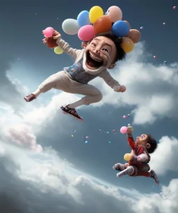 Ultra realistic speed clouds sky scene, wide angle view, strong men falling down with many Childs background, circus clothing style, feather color clothing, free jumping flying, many trinkets, hair monster, many jelly beans, balls, color smoke, smile, happy, extreme, wind, clouds sea, 20,000 feet altitude, stratosphere, soft color, highly detailed, unreal engine 5, ray tracing, RTX, lumen lighting, ultra detail, volumetric lighting, 3d, finely drawn, high definition, high resolution.