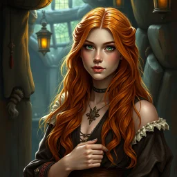 a beautiful tavern wench woman, young, long ginger hair, medieval, cool colours, fantasy art