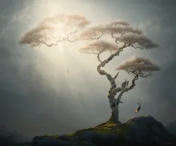 a beautiful digital painting of a marble tree entertwined in tumutluous clouds, intricate white branches and birds flying in the sunlight, blue sky at sunset, elegant, highly detailed, artstation, concept art, matte, sharp focus, art by tom bagshaw, kelogsloops and greg rutkowski