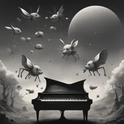 monochromatic bugs bunny composer piano, diffrent planet, one swine pig piggy flying wasp angel, beksinski style daker theme