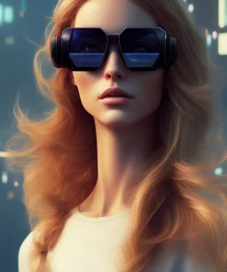 a young woman, BLONDE hair, green eyes, glasses, deep colors, cyberpunk, great pose, Realistic photography, incredibly detailed, ultra-high resolution, 8k, complex 3d render, cinema 4d, anatomically correct