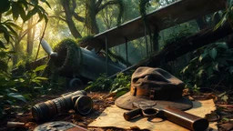 create a cinematic adventure painting, abandoned biplane swallowed by dense jungle vines, sunlight breaking through canopy, on the ground lie weathered relics: scratched binoculars, cracked goggles, tattered leather pilot’s hat, worn map with torn edges, rusty pistol, all aged and battered, dramatic mysterious energy --ar 16:9 --v 7 --stylize 1500