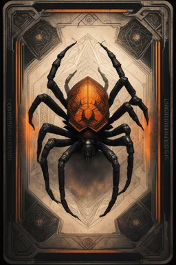 sacred geometry framed playing card, black and orange minotaur spider with shadows boss card in the style of Giger and fallout 4 ,,bokeh like f/0.8, tilt-shift lens 8k, high detail, smooth render, down-light, unreal engine