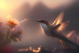 Photoreal gorgeous glowing hummingbird drinking from a flower in the sunrise mists by lee jeffries, 8k, high detail, smooth render, unreal engine 5, cinema 4d, HDR, dust effect, vivid colors