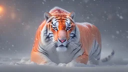 Gorgeous white orange sabre tooth tiger with glowing red eyes in a snow storm at night