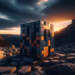 A filtered, monochromatic unbelievable monumental Rubik’s Cube on a barren rocky mountain. Gloomy mood. Sunset. Style of 2001: A Space Odyssey.