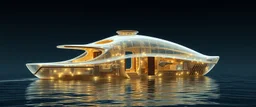 benign transparent superwood alien mega scifi katamaran boat with superwood draw bridge and wing doors