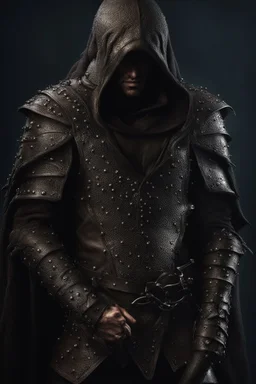 fantasy hooded man wearing studded leather armor