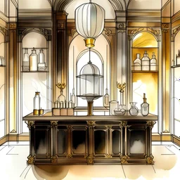 sketch of art deco style cocktail bar with realistic textures, very loose ink and soft watercolor washes