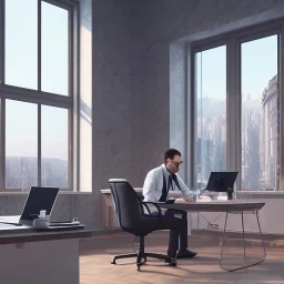 man sitting at his desk wearing a suit in an office, beautiful view of the city from his window, dramatic, dramatic lighting, volumetric lighting, hyperrealism, 8k, high quality, photorealistic, lot of details