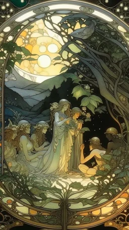 stars shine through every drop of dew, the old friend says bye, nostalgic atmosphere, diorama in the style of alphonse Mucha