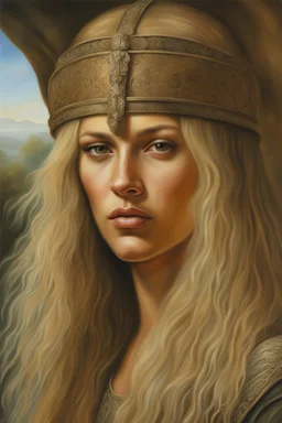 realistic stock photo, Realism engine, General Fast V2 (Flux), Create a realistic image of a female with long, straight blonde hair, the bangs cut straight across the forehead, hazel eyes, oil on canvas in the style of Boris Vallejo, Frank Frazzetta, Leonardo da Vinci, Julie bell, 4k, 8k, 16k, 32k. 100k UHD