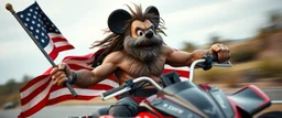 hi speed bad ass cyber punk masculine realistic mickey mouse rambo humanoid with hairy arms and chest, on quad, motion blurred background, holding american flag