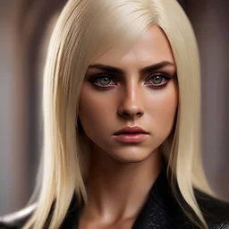 Photorealistic headshot of a fierce blonde assassin