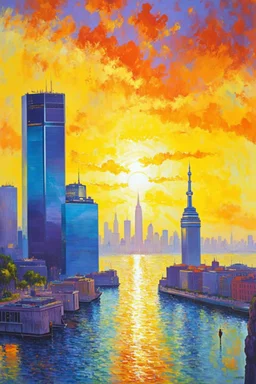 Amazing sunset, buildings, rocks, distant city, cyberpunk, sci-fi, otto pippel, and claude monet impressionism paintings