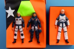 Mike pence G.i. Joe toy doll space force uniform inside a blister packaging hanging on a Wallrack in toystore, fluorescent orange, wide angle shot whole body, black moonboots, fullsize, bright green pricetag