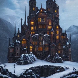 Portrait of a wide dark castle on a snowy mountain, oil painting, symmetrical, architecture, medieval, fantasy, superrealistic, dark colors, HD, 4K