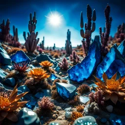 A striking photograh close-up captures a syrreal wasteland with group of plants and glossy material, adorned with minerals and rocks. Bathed in intense light, eerie, giant blue sun, 8k, deep 3d field, rock formations, strong texture, extreme paranoia, hypnotic, Yves Tanguy, colours, rich moody colors, sparkles, bokeh, 33mm photography