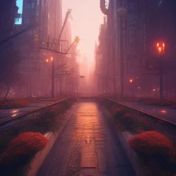 Alien bird post apocalyptic night city, sunny atmosphere, amazing detail, realistic, flowers, 8K, cinematic lighting, unreal engine