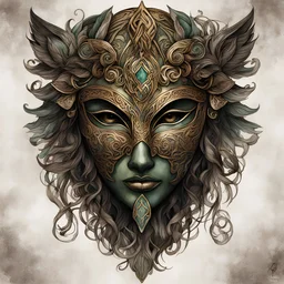 create a full color ink wash and watercolor illustration of a richly patinaed bronze female druid ceremonial mask utilizing historic Celtic decorative motifs, intricately detailed and sharply defined in the style of Arthur Rackham