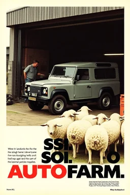 so so so so super sexy print ad from the 80s, mcdonalds ad from the 80s, mac computer ad from the 80s, featuring a landrover being fixed at a farm. sheep are all over the place, company name in bold (AUTOFARM), nike print ad style, mac computer ad from the 80s, 1980s rc print advertisement