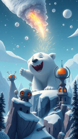 comet that looks like polar bear laughing spreads bad weather above frozen artic jungle with weird alien towers gets torn apart under him, in the style of Pixar, expertly crafted in a whimsical and vibrant cartoon style. is masterfully rendered in a lifelike 3D design, which captivates viewers with there irresistible charm.