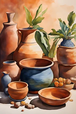 Clay Pottery Still Life": Arrange and paint a still life featuring clay pottery, capturing the earthy textures and warm hues of the vessels, realistic, monichromatic, colorful, watercolor painting art