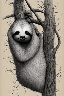 Simple sketch of Sloth hanging from tree