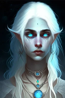 hauntingly beautiful character for dnd, young woman with white hair and blue eyes, angel, with moon necklace, fangs visible