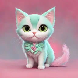 A heartwarming cartoon illustration featuring an irresistibly cute mint-colored cat on a vibrant pink background, (heartwarming cartoon:1.4), (cute mint-colored cat:1.5), (vibrant pink background:1.3), (expressive mint hues:1.2), influenced by the styles of heartwarming cartoonists, trending on ArtStation, Intricate, Sharp focus, vibrant lighting, (whimsical:1.4), (captivating details:1.5), (lush fur details:1.3), Cartoon, Masterful, Captivating, High Detail, Cinematic view