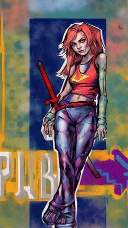 teen woman in retro-futurist cyberpunk costuming with pants and sheathed swords leaning to the side with shoulder against a brick pillar, add a background of brick with graffiti of a large arrow pointing to the right and text of the word "PUB" on lower left