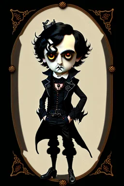 black haired black eyed young man necromancer steampunk goth Gnome that looks like a young Edgar Allan Poe with gothic jewelry in the style of Charles Addams