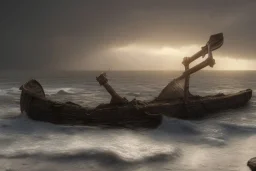 Broken viking longboat shipwrecked at a pebbled beachside, fantasy, mystical, lightshafts, storm in the distance