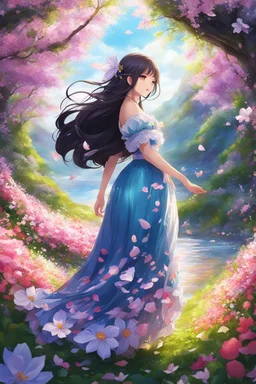 An anime girl with long dark hair and a dress of petals, surrounded by the beauty of spring, was a vision so rare. highly detailed, digital art, beautiful detailed digital art, vibrant colors, high quality, 4k